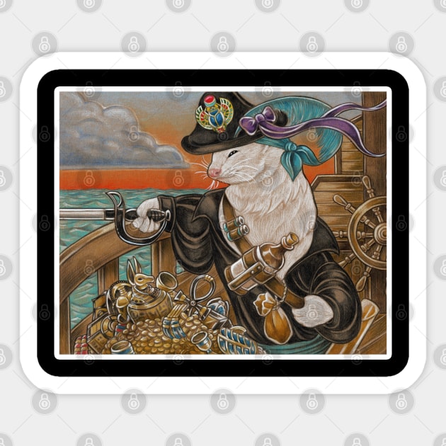 Ferret Pirate and Egyptian Treasure - White Outlined Version Sticker by Nat Ewert Art